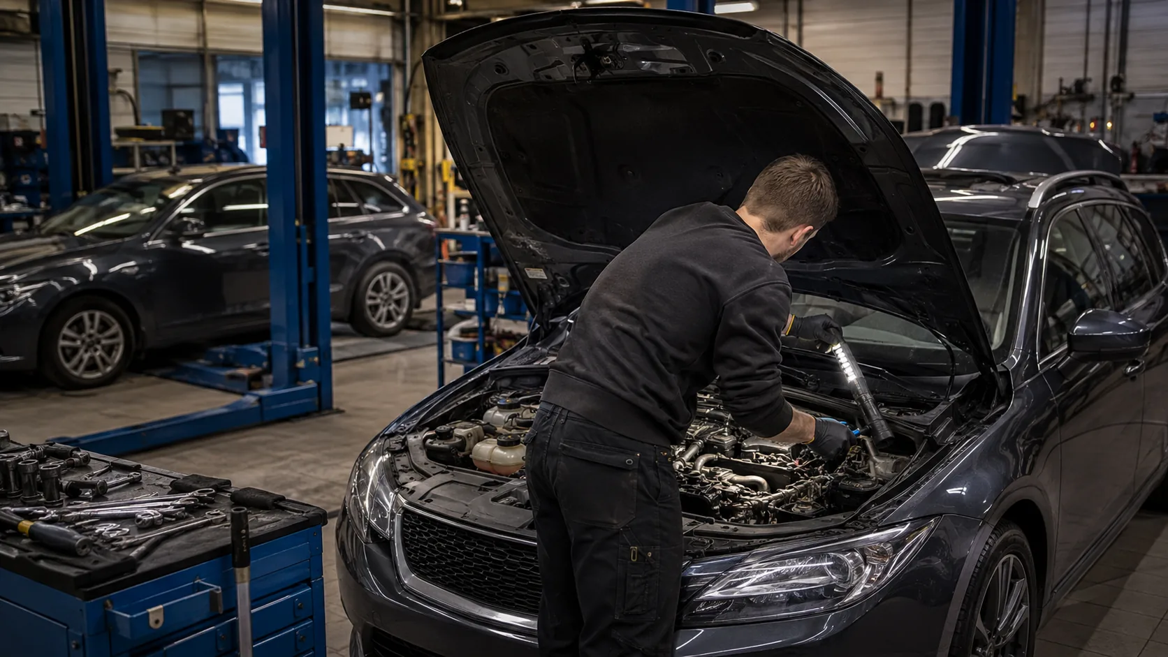 Mekaniker arbetar under motorhuven i verkstaden